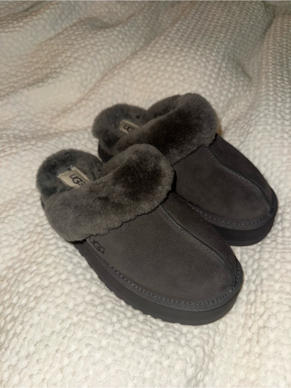 UGG Dark Gray Suede Shearling Slip-On Clogs